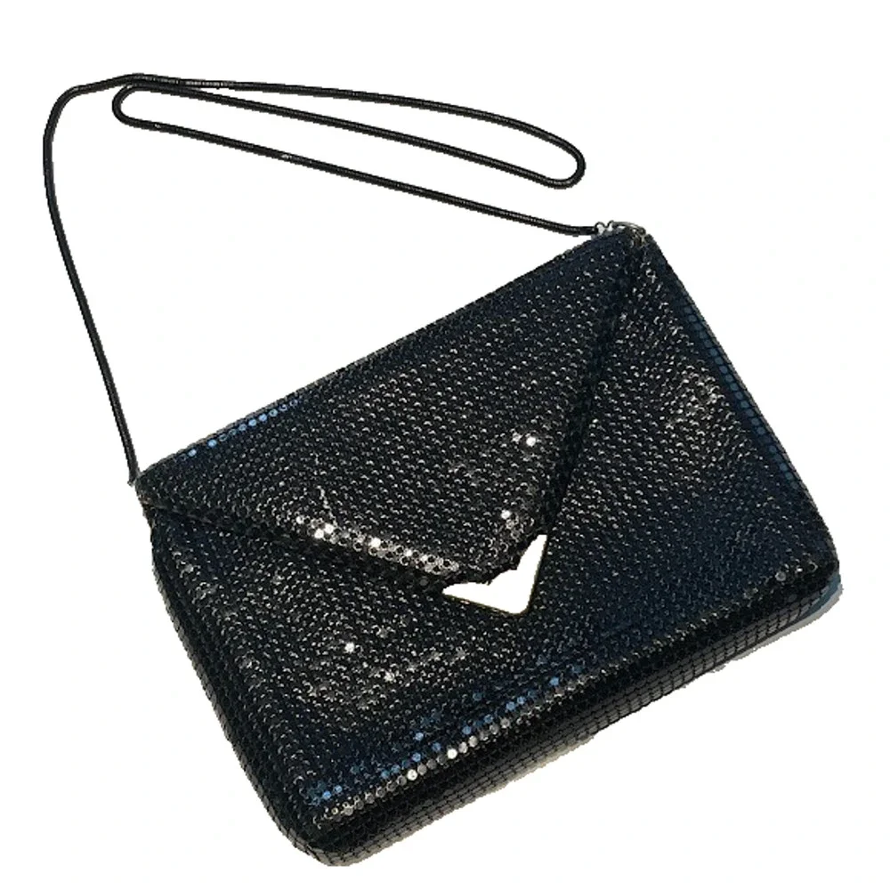 Vtg 1980s Black Metal Mesh Evening Bag Crossbody Envelope Clutch Purse